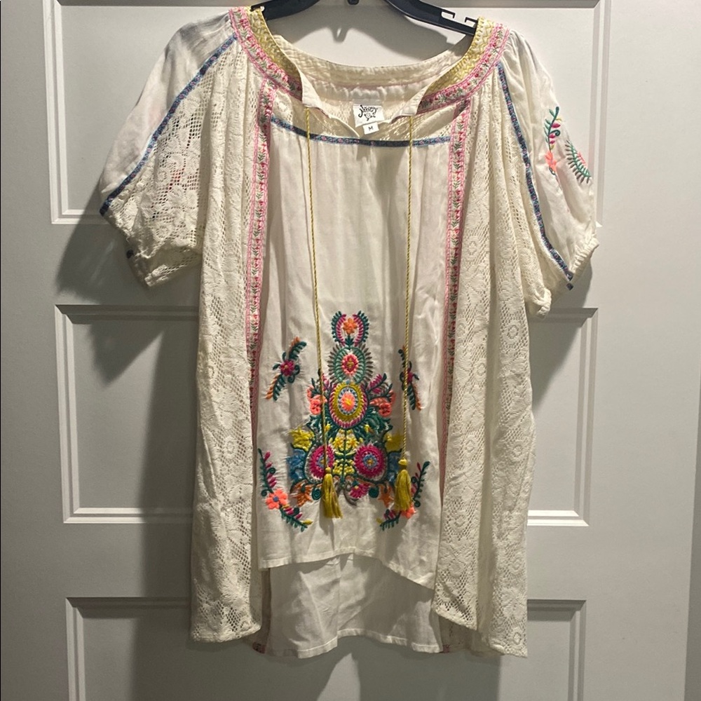 Embroidered Boho Blouse with Tassels